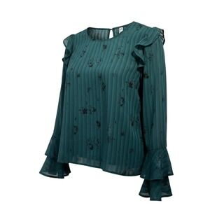 BP Sheer Blouse L Green Floral Ruffle Sleeve Romantic Cottagecore